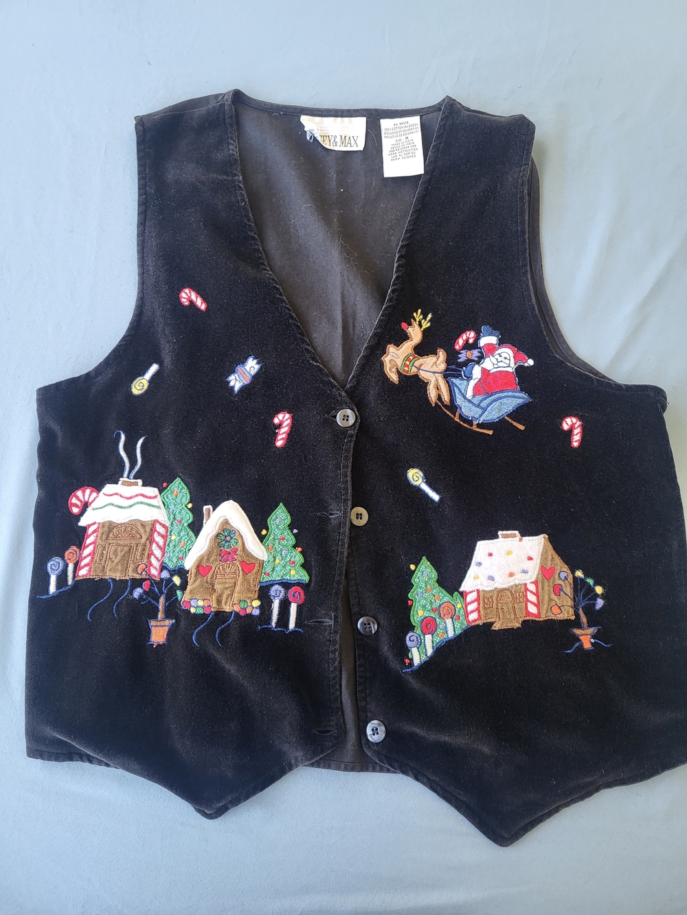 Black Velvet Women's Holiday Vest with Embroidered Santa & Gingerbread Scene